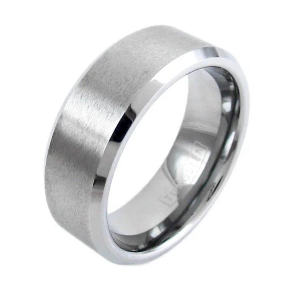 Brilliant Mirror Polished Silver Tungsten Satin Brushed Stripe Beveled Edges